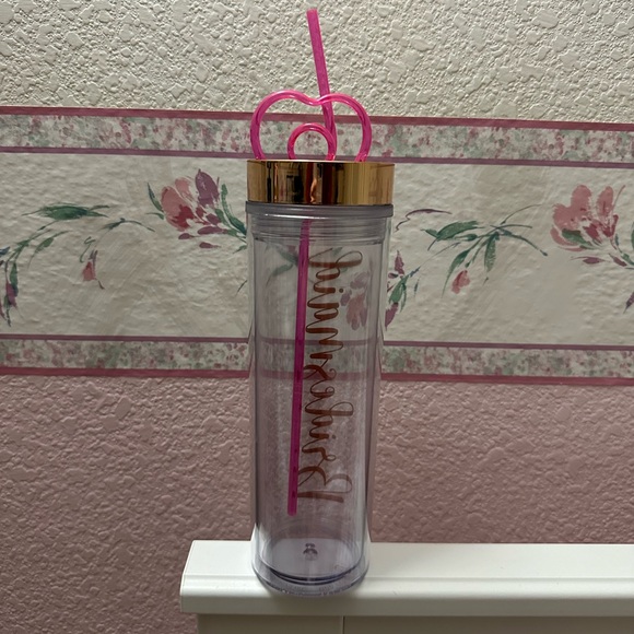 NWOT Clear Bridesmaid Water Bottle with Rose Gold Lid and Pink Silly Straw - Picture 3 of 3
